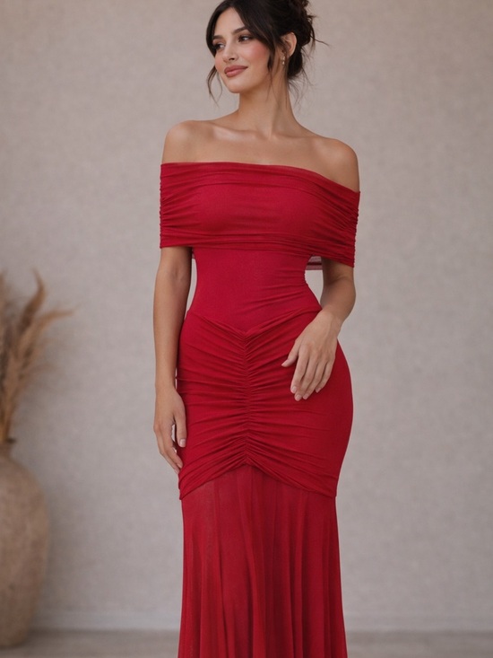 Meshki Dresses & Skirts - Meshki Caspian Slinky and Mesh Ruched Off-shoulder Maxi Dress